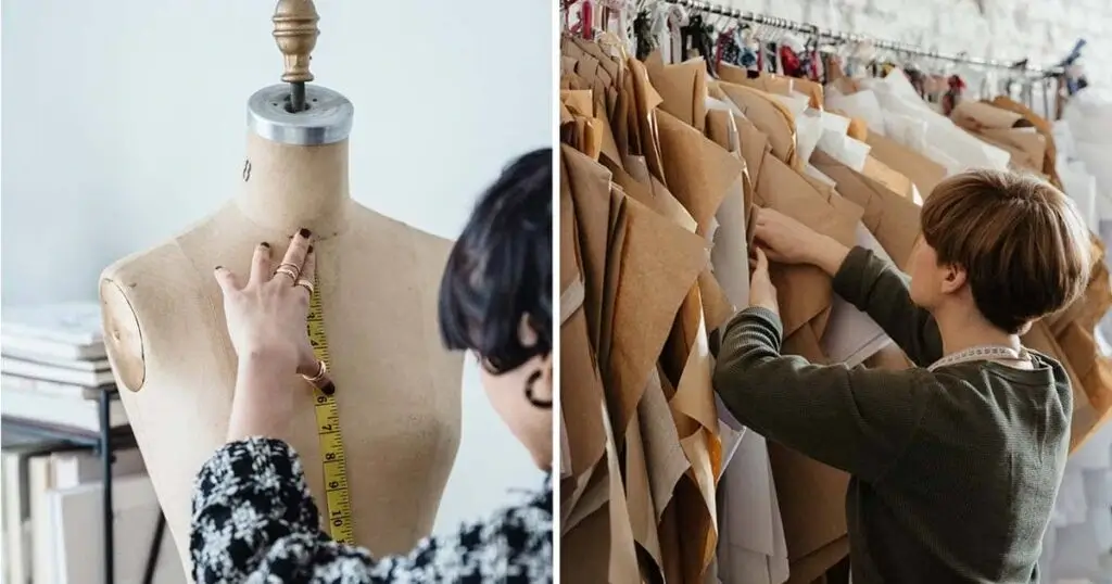 Modista tomando medidas exactas en un maniquí de costura y revisando moldes o patrones de papel para la confección de prendas.