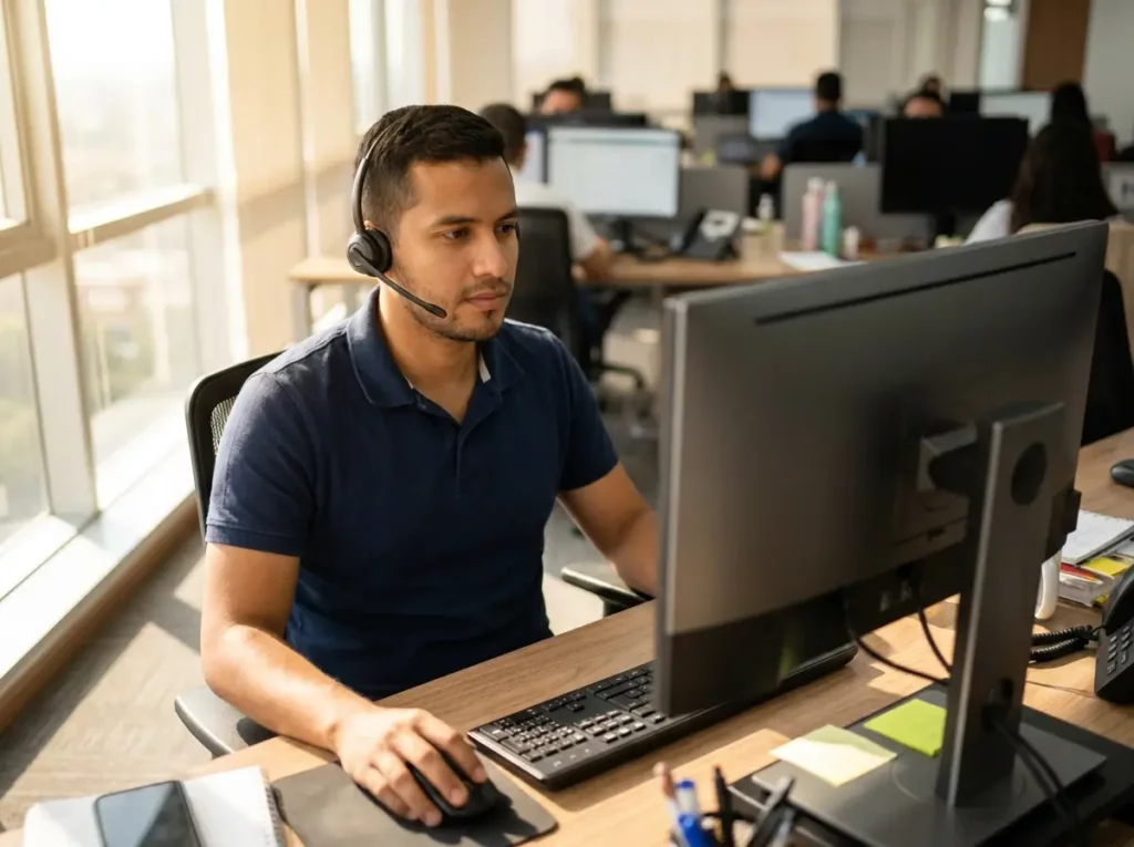 Joven con auriculares trabajando concentrado frente al monitor de su computadora procesando e ingresando datos.