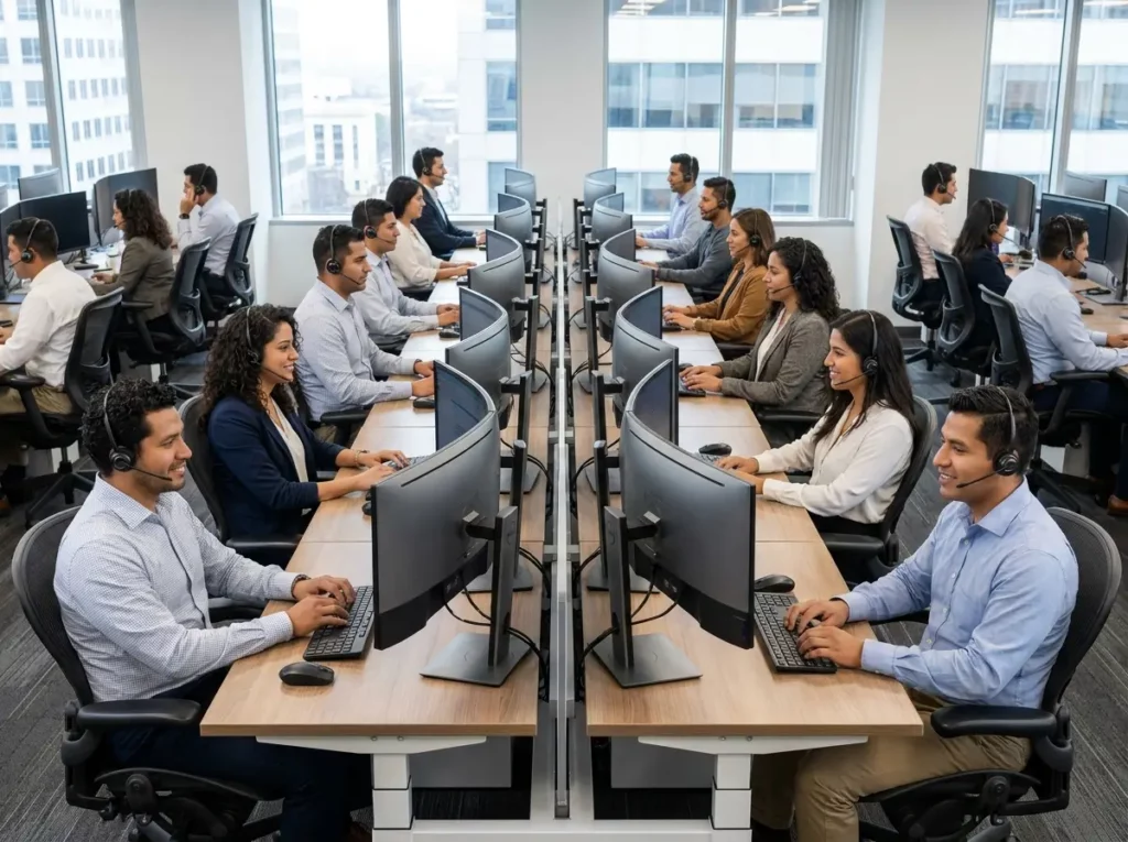 Amplia oficina llena de trabajadores y digitadores frente a sus computadoras, mostrando la alternativa presencial al trabajo remoto.