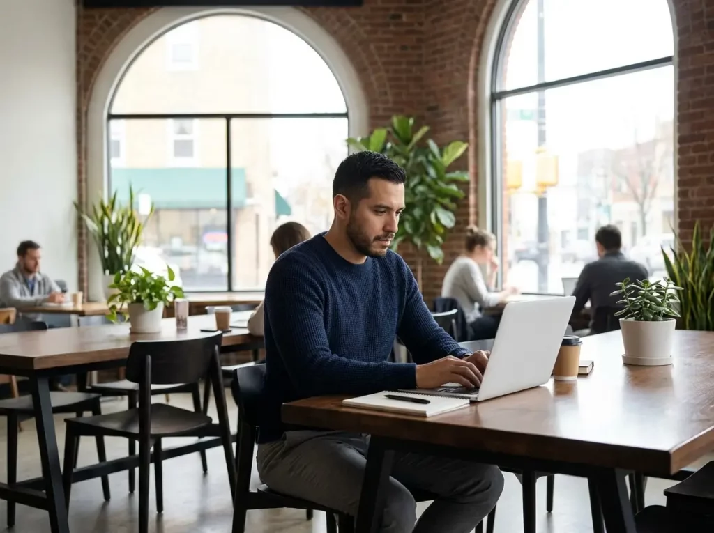 Hombre concentrado trabajando en su laptop en una cafetería, ideal para el trabajo de digitador freelance.