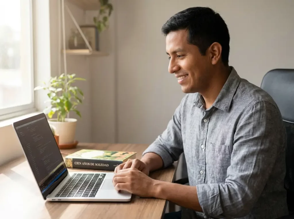 Hombre sonriendo mientras trabaja desde casa en su laptop en un escritorio iluminado, disfrutando de la flexibilidad laboral.