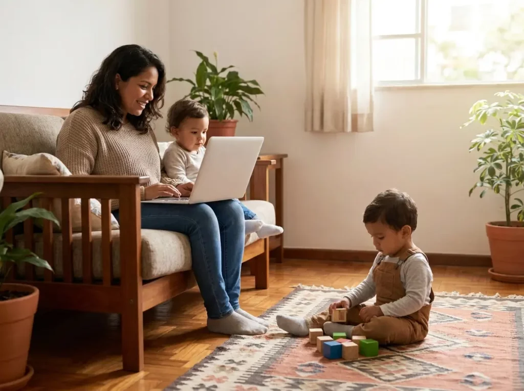 Madre sonriente trabajando en su laptop como digitadora desde casa mientras cuida a sus dos hijos pequeños en la sala.