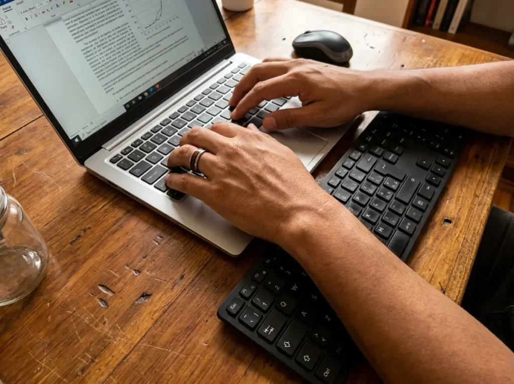 Primer plano de unas manos masculinas escribiendo ágilmente en un teclado, representando las habilidades de un digitador desde casa.