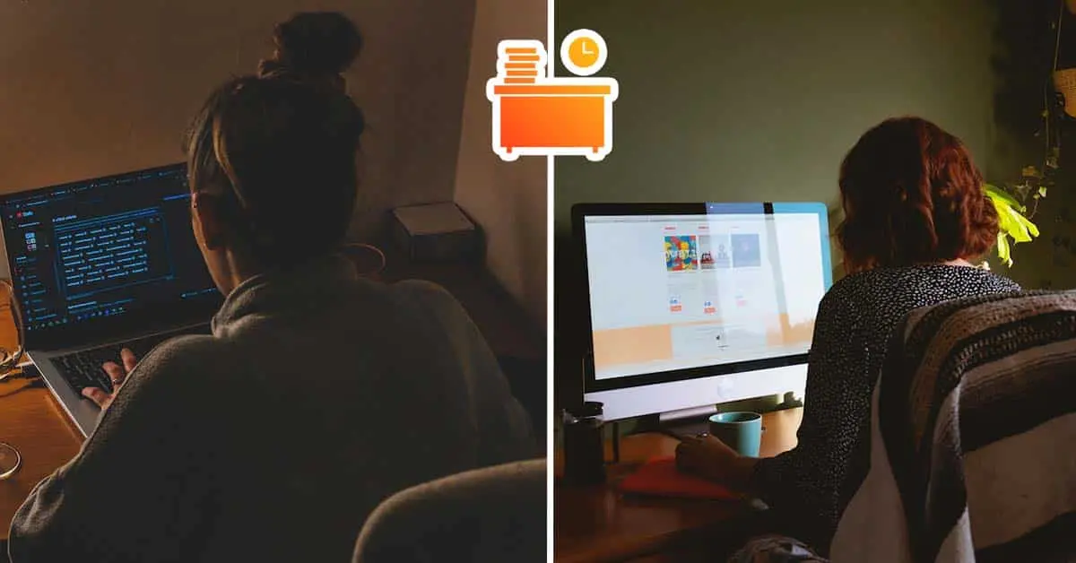 Imagen de pantalla dividida que muestra a dos personas trabajando desde casa como digitadoras. A la izquierda, una persona trabaja de noche con un portátil; a la derecha, otra persona trabaja de día con un ordenador de escritorio y un monitor central que muestra el texto visible: 'TRABAJAR DE DIGITADOR DESDE CASA'.
