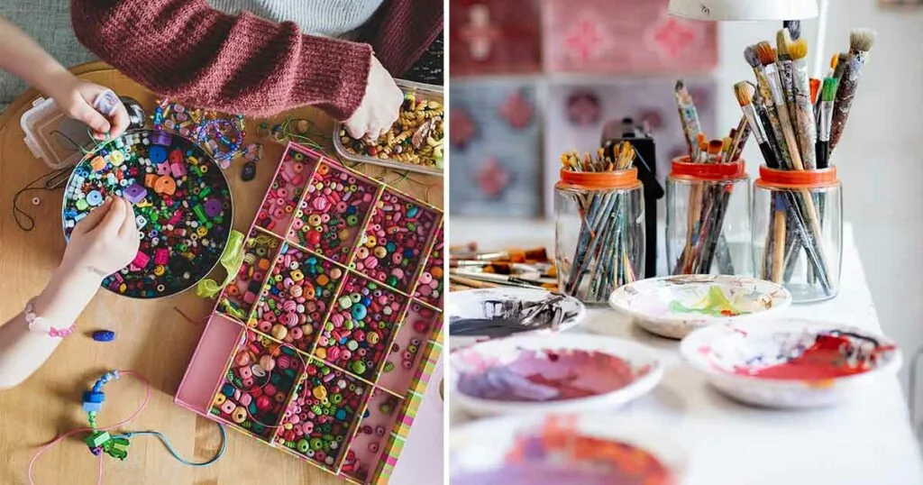 Composición dividida que muestra a una persona armando pulseras con cuentas de colores y una estación de trabajo con pinceles, paletas y frascos para pintar.