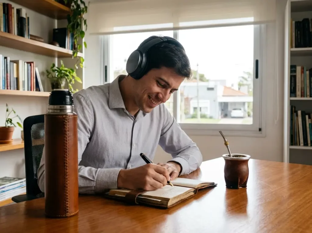 Administrativo uruguayo con auriculares escribiendo en un cuaderno para planificación de teletrabajo con un mate.