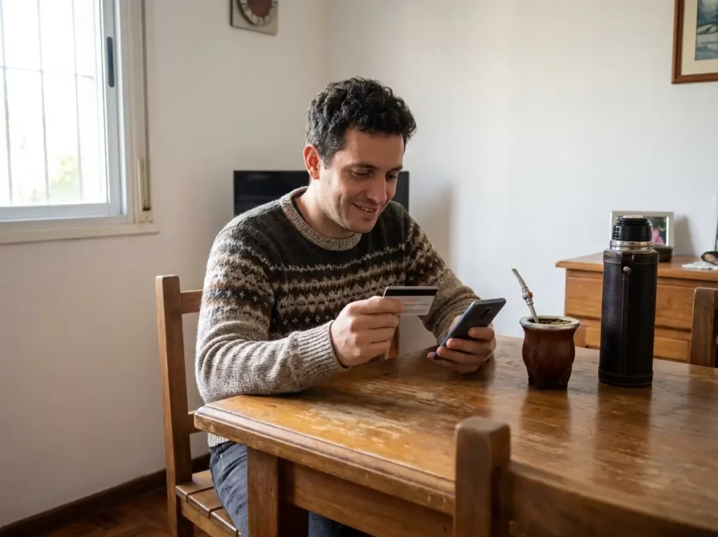 Hombre uruguayo sonriendo al revisar pagos en dólares de su trabajo remoto en su smartphone con tarjeta y mate.