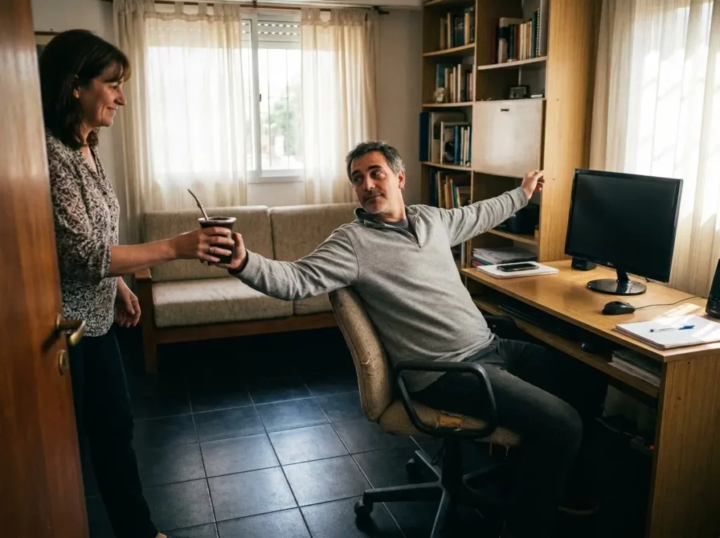 Mujer entregando un mate tradicional a un hombre que se estira relajado en su silla de escritorio durante una pausa de su jornada laboral en casa.
