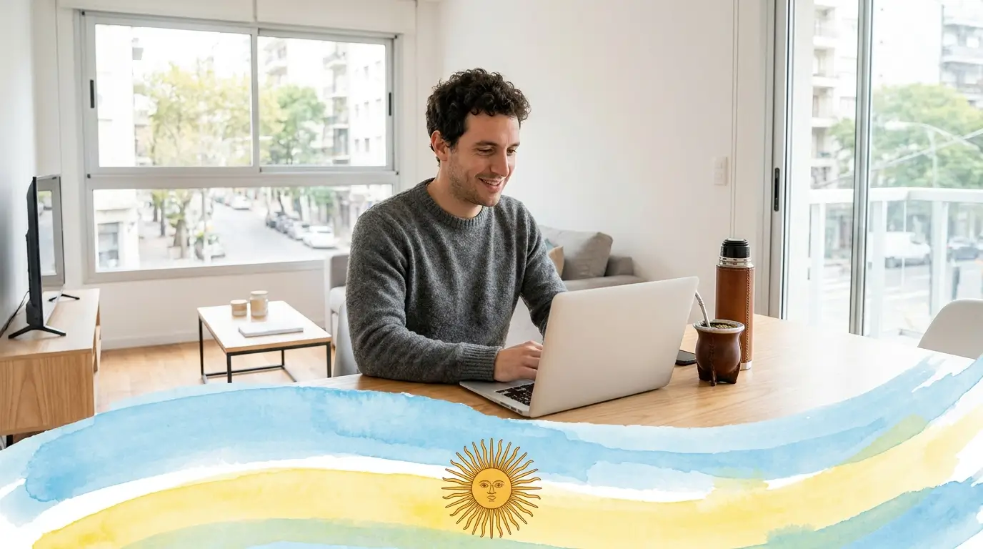 Imagen de portada que ilustra a un hombre trabajando felizmente desde su casa en Uruguay, con elementos culturales locales y la bandera de fondo.