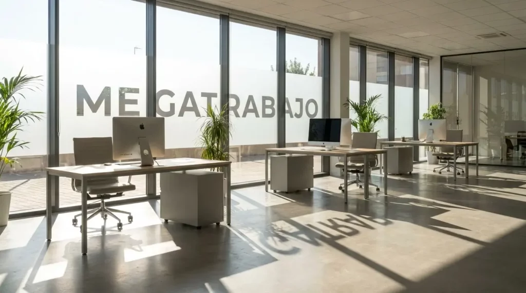 Vista interior de las modernas oficinas de Mega Trabajo, mostrando los escritorios del equipo corporativo y el nombre del portal de empleos en los ventanales de cristal.