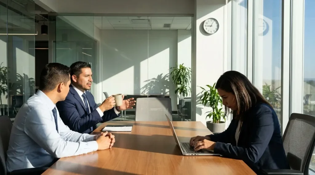 Equipo de Mega Trabajo colaborando en una reunión formal en una oficina moderna y luminosa, con profesionales latinos.