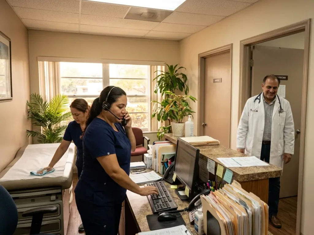 Una asistente médica bilingüe realiza funciones administrativas y de atención al paciente en un consultorio privado de Estados Unidos, mostrando el trabajo diario en clínicas pequeñas donde un mismo empleado desempeña múltiples responsabilidades.