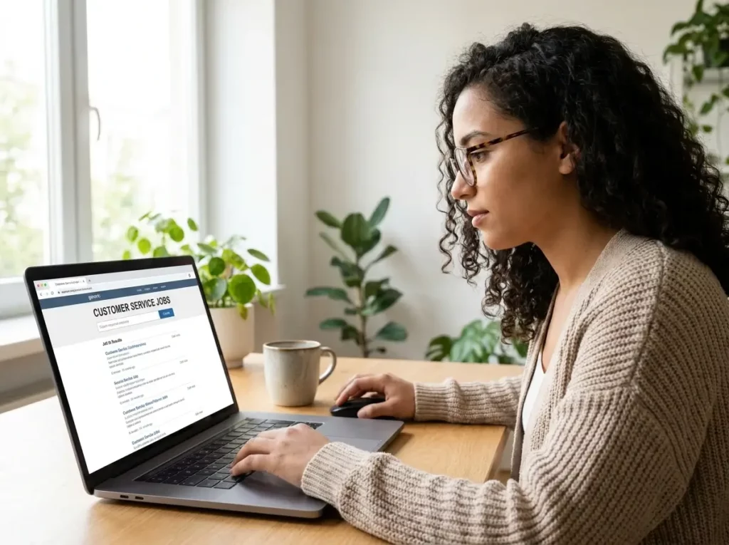 Persona buscando vacantes de call center desde un computador portátil utilizando portales de empleo.