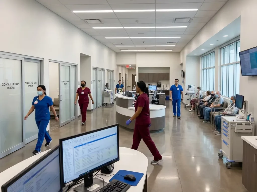 Interior de una clínica corporativa en Estados Unidos donde médicos, enfermeros y asistentes médicos trabajan en turnos organizados con atención continua a los pacientes.