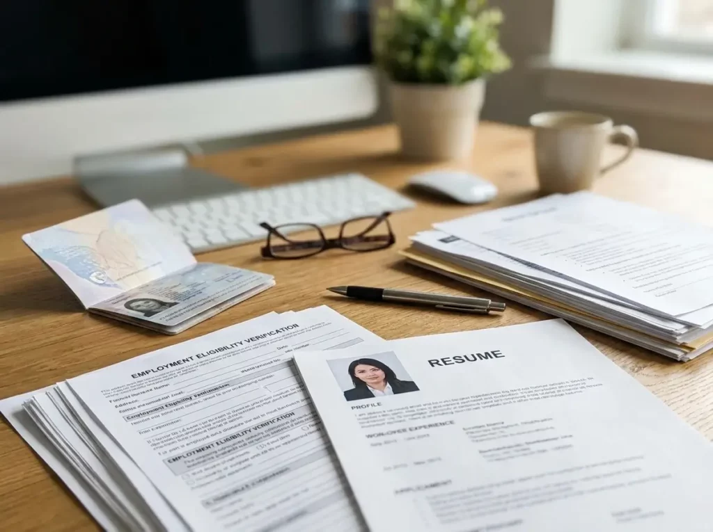 Pasaporte, documentos laborales y formulario de contratación sobre un escritorio de oficina.