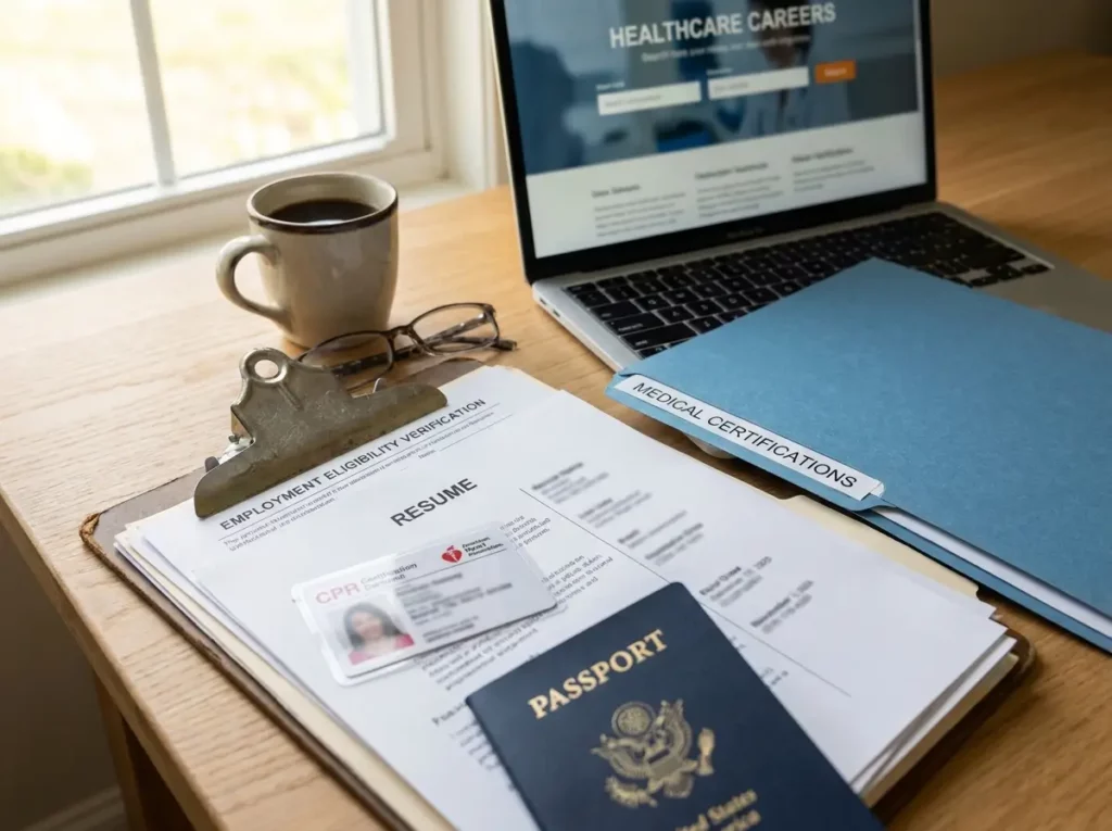 Conjunto de documentos utilizados para aplicar a trabajos en clínicas de Estados Unidos, incluyendo pasaporte, currículum, certificaciones médicas y formularios de contratación.