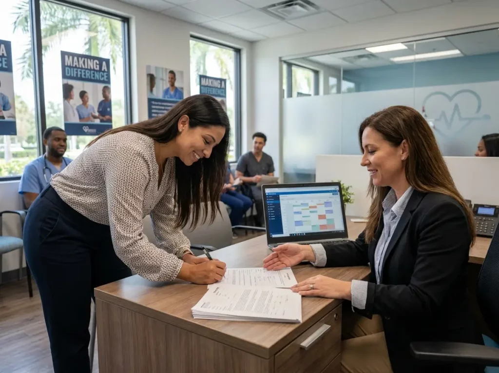 Proceso de contratación para empleos en clínicas de Estados Unidos donde una candidata firma la documentación requerida durante la entrevista con una reclutadora del sector salud.
