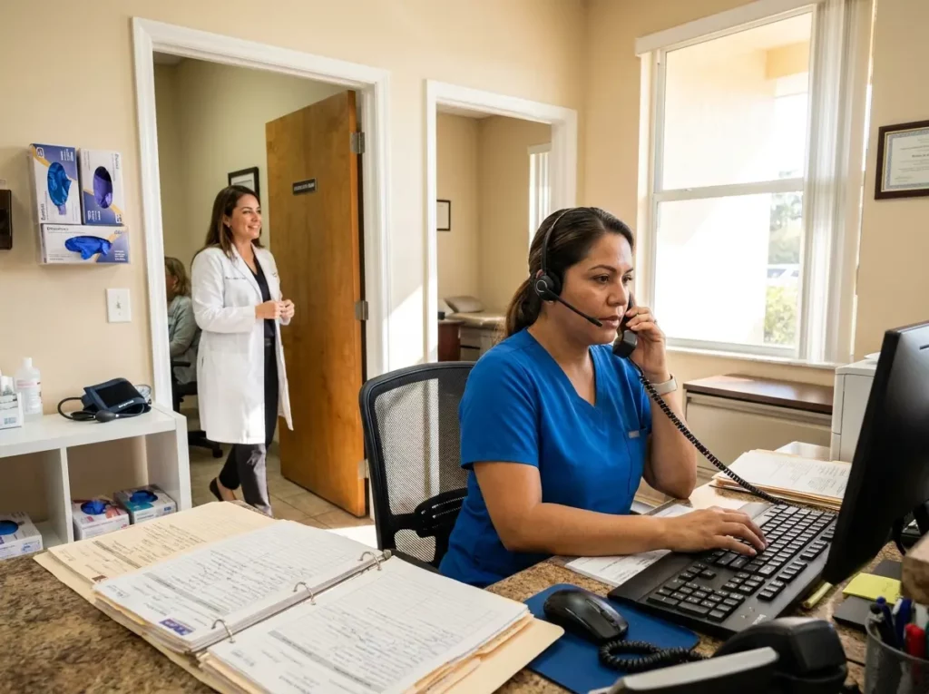 Recepcionista médica realiza tareas administrativas y atención telefónica en un consultorio privado, apoyando el funcionamiento diario de una clínica en Estados Unidos.
