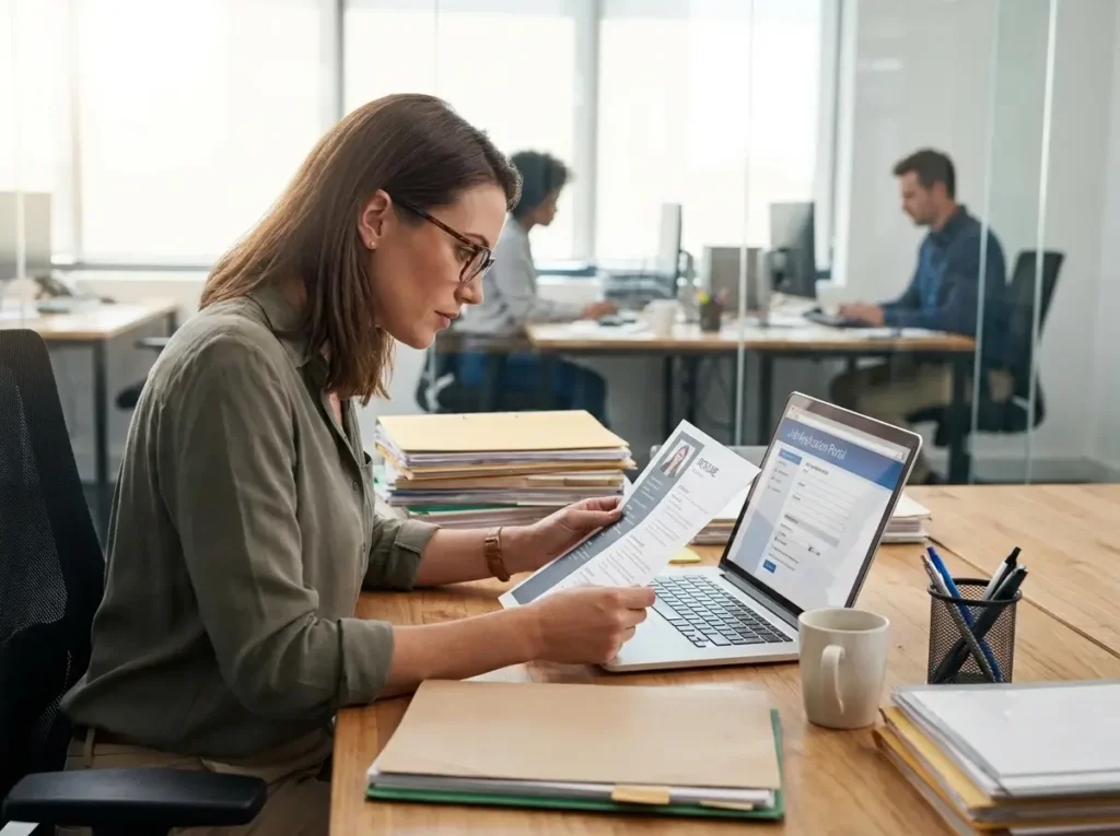 en Estados Unidos Agente de call center revisando ingresos y bonos en una oficina moderna.